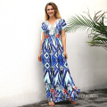 Robe de plage maxi imprimée de fleur en V sexy